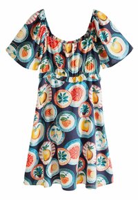 Vestido de manga corta en azul marino con un patrón de plato de frutas. Presenta un escote fruncido y una cintura con volantes, hecho de tela ligera.