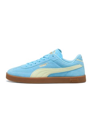 Light blue suede Puma sneaker with beige stripe and logo, gum rubber sole, low-top design.