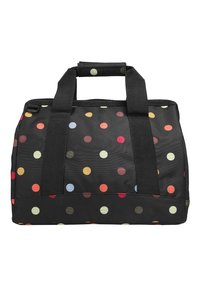 Bolsa de tela negra con puntos de colores y dos asas anchas negras, una de ellas con un envoltura de agarre acolchada.