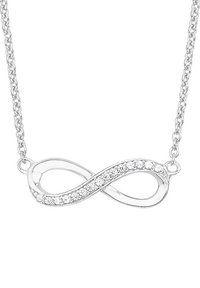 Collana infinito in argento con finitura lucida, caratterizzata da pietre trasparenti incastonate lungo la curva, appesa a una delicata catena.