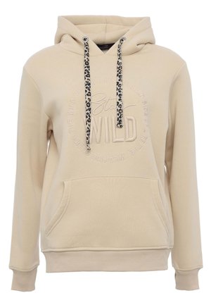 Beige hoodie met een kangoeroezak, voorzien van een dierenprint trekkoord en reliëftekst "Stay Wild" in een cirkelvormig ontwerp. Zacht materiaal.
