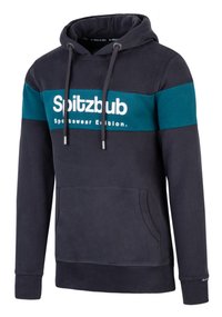 Marineblauwe hoodie met een teal streep en wit logo "Spitzbub Sportswear Edition," met een voorzak en verstelbare koordjes.