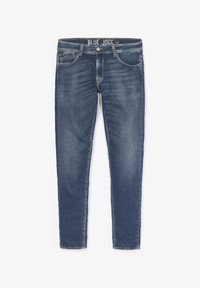 Jeans ajustados en denim azul oscuro, con cierre de botón y cremallera, cinco bolsillos y detalles desgastados en las piernas.