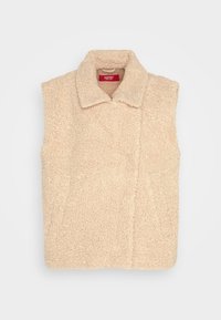 Veste sans manches en polaire sherpa beige avec col, tissu texturé et fermeture avant dissimulée sur fond uni.
