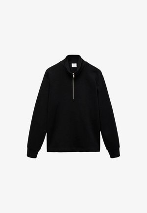 Musta neulepaita, jossa on korkeakauluksinen kaulus ja neljännesvetoketju edessä, valmistettu pehmeästä materiaalista. Ominaisuudet: pitkät hihat ja rento istuvuus. Minimalistinen muotoilu.