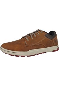 Scarpa in pelle marrone con punta rotonda, suola in gomma beige e lacci marroni chiari. Collo imbottito e dettagli a contrasto sul tallone.