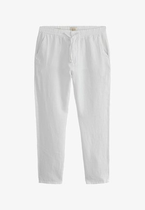 Pantalon décontracté blanc avec ceinture élastique, bouton à l'avant et cordon de serrage, avec poches latérales.