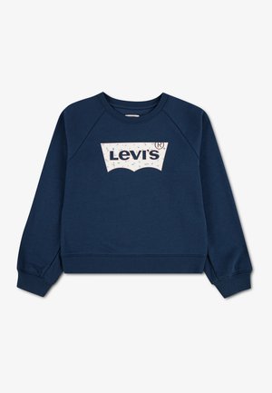 Granatowa bluza Levi's z długim rękawem, ściągaczami przy mankietach i u dołu, z białym logo z drobnymi kwiatowymi detalami na klatce piersiowej.