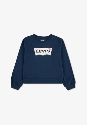 Granatowa bluza Levi's z długim rękawem, ściągaczami przy mankietach i u dołu, z białym logo z drobnymi kwiatowymi detalami na klatce piersiowej.