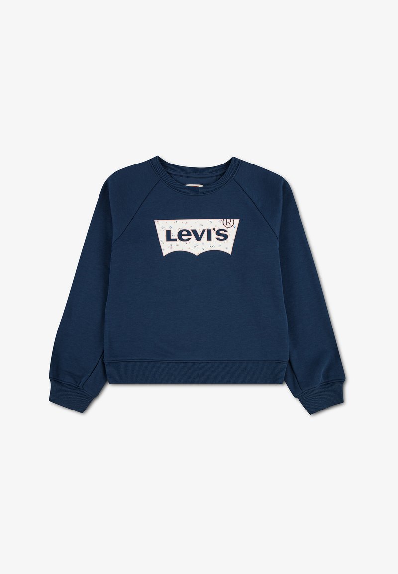 Sweat-shirt Levi's bleu marine à manches longues avec poignets et ourlet côtelés, arborant un logo blanc et de petits détails floraux sur la poitrine.