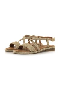 Sandali marroni con cinturini in tessuto intrecciato e suola piatta. Design open-toe con chiusura a fibbia alla caviglia per una vestibilità sicura.