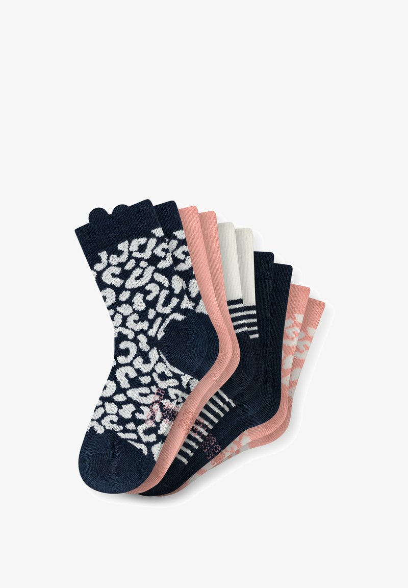 Set mit sechs Socken in verschiedenen Farben: marineblau mit weißem Leopardenmuster, rosa, weiß und gestreifte Designs. Weiches Strickmaterial, gewellte Abschlüsse.