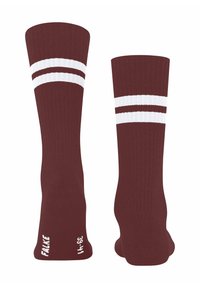 Coppia di calzini a riga color granata con due strisce bianche orizzontali vicino alla parte superiore e testo bianco relativo alla taglia e al marchio vicino alle dita dei piedi.