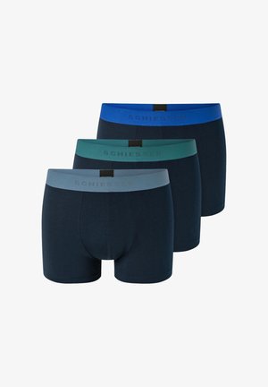 Tres bóxers para hombre en azul marino con cinturillas en azul, verde azulado y gris claro, cada uno con el logotipo "Schiesser".