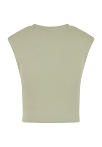 Lichtgroen cropped top, met brede schouderontwerp, soepel textuur en een ronde halslijn. Geen patronen of accenten.
