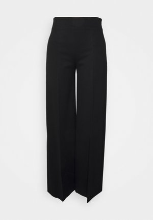 Pantalons larges noirs avec une taille haute, un design ajusté, une texture lisse, et sans fermetures ni poches visibles.