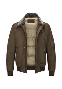 Braune Wildleder-Bomberjacke mit einem Kunstfellkragen, Zippertaschen, gestepptem beigen Futter sowie Rippbündchen und Saum.