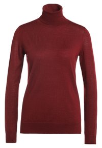 Burgundowy sweter z golfem wykonany z miękkiego, elastycznego materiału. Posiada długie rękawy oraz żebrowane detale przy szyi i dolnym brzegu, co zapewnia dopasowany wygląd.
