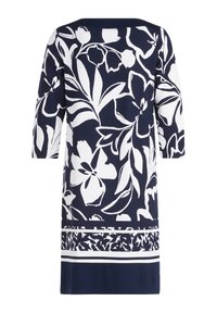 Marineblaues Kleid mit weißem Floraldesign, Dreiviertelärmeln, Rundhalsausschnitt und einem strukturierten Saum mit einem kontrastierenden Blumenband am unteren Ende.
