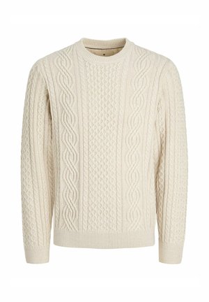 Krémový sveter s káblovým vzorom, dlhými rukávmi, okrúhlym výstrihom a zložitými vrkočovými a včelím plástom pletenými vzormi.