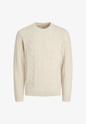 Krēmkrāsas adīts džemperis ar garām piedurknēm, apaļu apkakli un sarežģītām pītām un šūnu adīšanas rakstām.