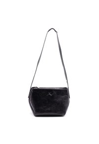 Czarna skórzana torba na ramię z tłoczonymi wzorami, zamkiem błyskawicznym i długim paskiem. Charakteryzuje się usztywnionym kształtem i gładką fakturą.