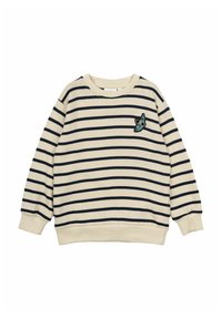 Felpa a righe in crema e blu navy, con scollatura tonda, polsini a coste e un piccolo design ricamato sul petto.