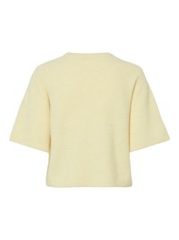 Short-sleeve, ribbed sweater in soft yellow. Features a round neck and a relaxed fit, with a textured surface and hemmed sleeves.