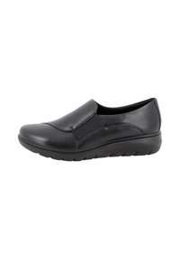 Scarpa nera slip-on realizzata in pelle liscia, con pannelli elastici ai lati, punta arrotondata e suola in gomma con pattern antiscivolo.