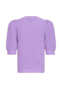 Lavendelfarbener Strickpullover mit strukturierter Webart, kurzen Puffärmeln und gerippten Bündchen sowie Saum. Rückansicht in einfarbiger Ausführung.