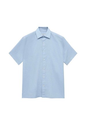 Light blue short-sleeve shirt with a button-down collar, front buttons, plain texture, and a relaxed fit. No patterns or accents present.