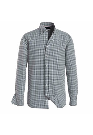 Koszula z długim rękawem na guziki w czarno-białą kratę, z zapiętym kołnierzykiem i małym logo na lewej stronie klatki piersiowej.