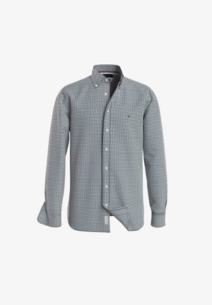 Langärmeliges Hemd mit Knopfleiste, schwarz-weiß kariertem Muster, geknöpftem Kragen und kleinem Logo auf der linken Brust.