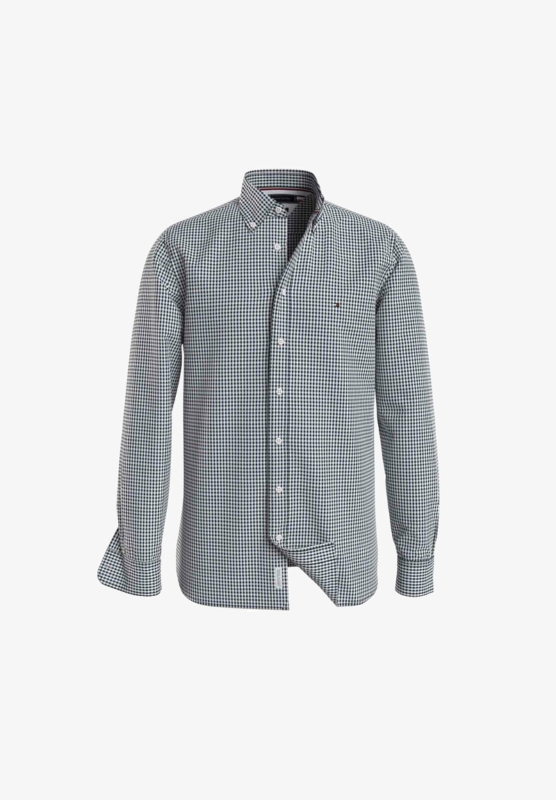 Camicia a maniche lunghe con bottoni, motivo a quadri bianco e nero, colletto con bottoni e piccolo logo sul petto a sinistra.