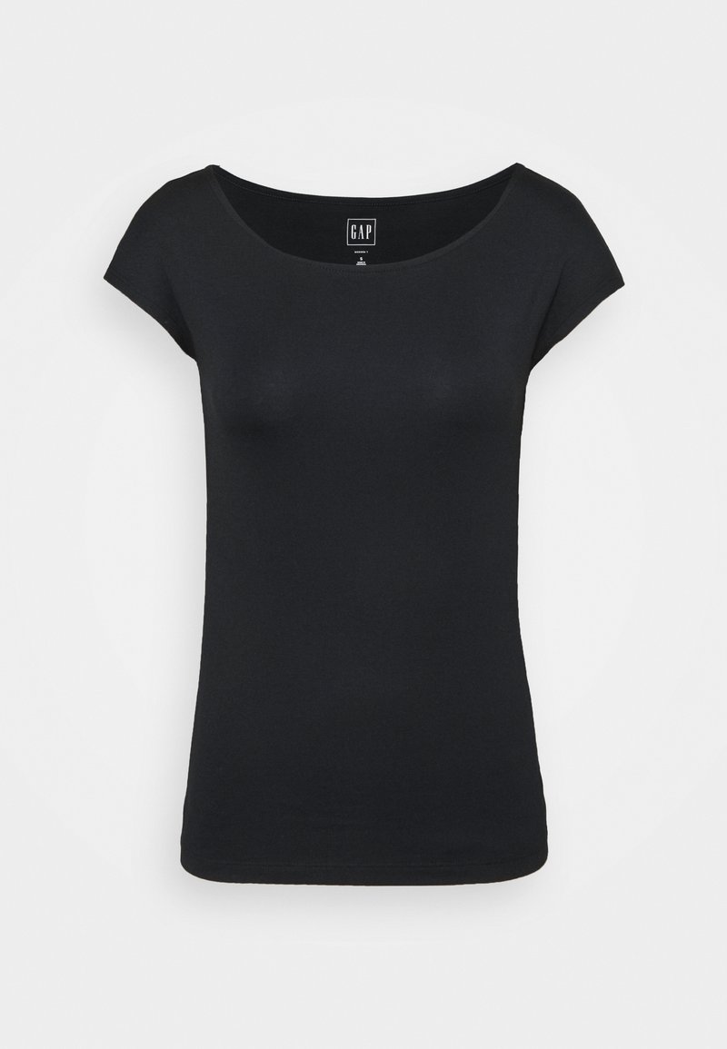 T-shirt noir ajusté pour femme à manches courtes avec col rond, en tissu doux, présenté sur un fond blanc uni.
