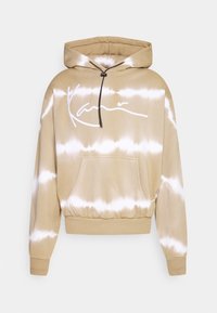 Sudadera recortada en patrón tie-dye beige con acentos blancos, que cuenta con un bolsillo frontal, capucha con cordón y dobladillo elástico.