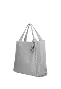 Grijze geperforeerde leren tote bag met twee handvaten en een cirkelvormige metalen accent. Heeft een gestructureerde vorm en een ruime binnenkant.