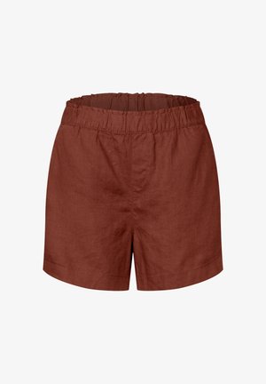 Braune Leinen-Shorts mit elastischem Bund, die eine lockere Passform, glatte Textur und ein einfaches Design ohne Taschen aufweisen.