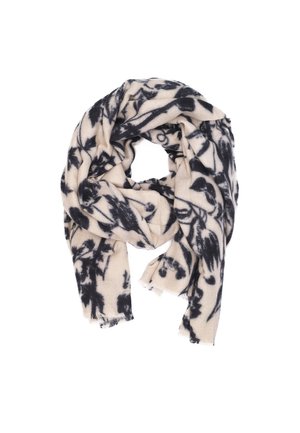 Sciarpa lavorata a maglia di colore crema con motivo floreale nero, caratterizzata da bordi frangiati e una consistenza morbida, progettata per calore e comfort.