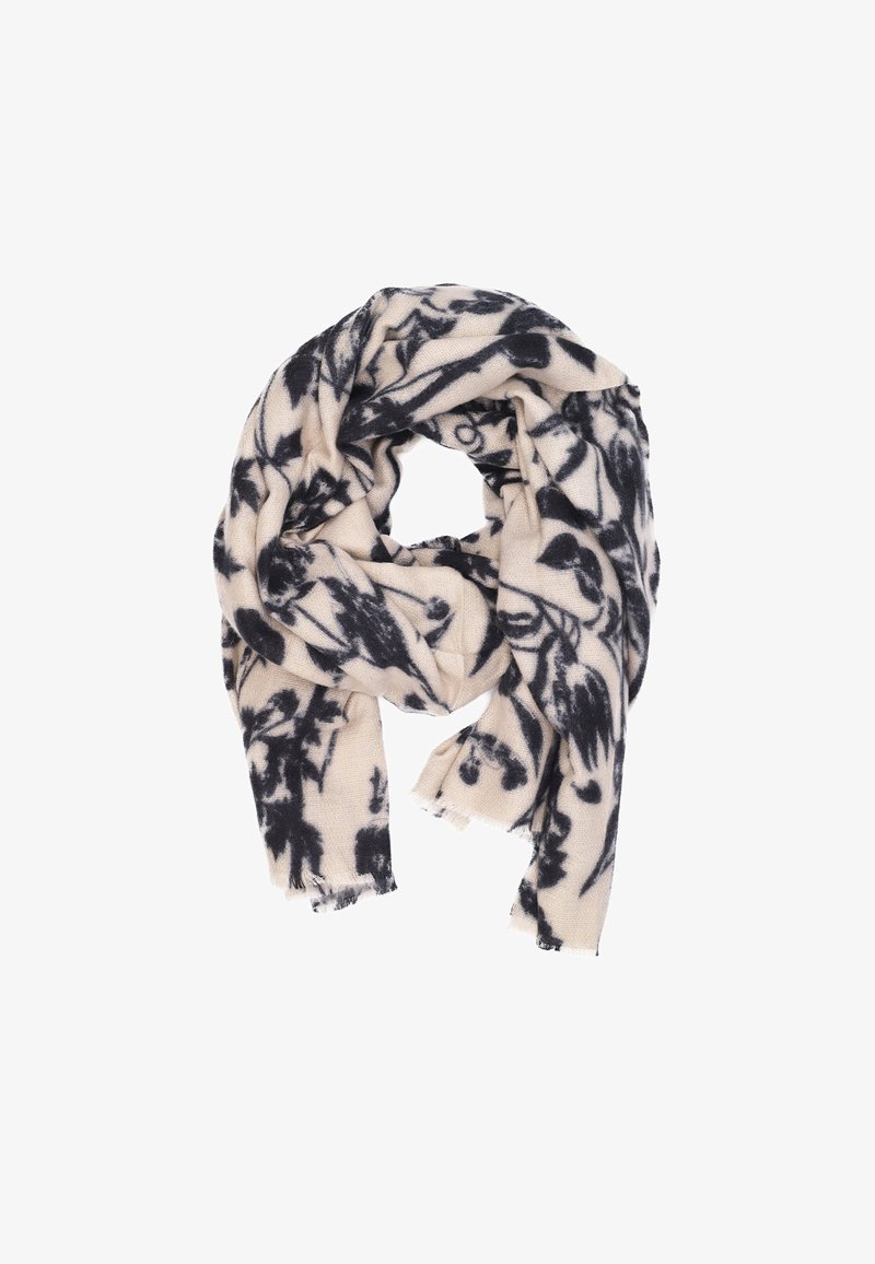 Sciarpa lavorata a maglia di colore crema con motivo floreale nero, caratterizzata da bordi frangiati e una consistenza morbida, progettata per calore e comfort.