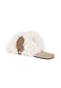 Furry vita slidesandaler med en mjuk beige innersula. Ovansidan har en plyschig, fluffig textur som skapar en mysig och avslappnad design.