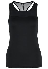 Débardeur de sport noir sans manches avec dos nageur et coupe ajustée.