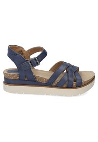 Navy blue sandal with multiple overlapping straps, cork footbed, and a white rubber sole. Features an adjustable buckle on the ankle strap.