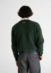 Persona con pelo rizado oscuro que lleva un suéter verde oscuro y pantalones de rayas grises, de espaldas contra un fondo blanco liso.