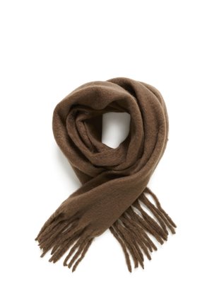 Brown wool scarf, soft texture, large size, wrapped in a spiral with fringed ends, featuring even color distribution throughout.