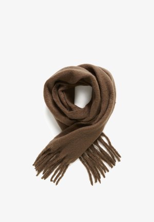 Sciarpa di lana marrone, morbida al tatto, di grande dimensione, avvolta a spirale con estremità frangiate, con un colore distribuito uniformemente.