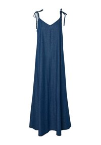 Traper haljina s podesivim vezicama, V-izrezom, lepršavim A-linijom i tamnoplavom bojom. Bez uzoraka ili metalnih detalja.