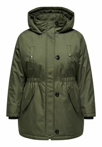 Olivgrön vadderad jacka med huva, elastisk midja, knäppningar framtill och sidofickor. Slät textur och förstärkt sömdetalj.