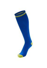 Calze blu al ginocchio con texture a coste, dotate di una fascia verde lime nella parte superiore e accenti gialli in contrasto sulla punta e sul tallone.