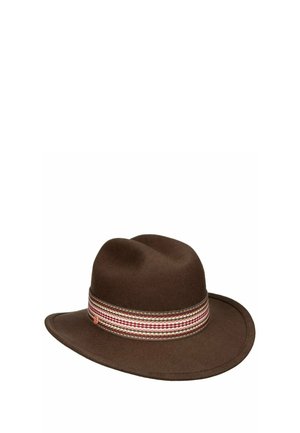Brown felt wide-brimmed hat with a striped band in shades of pink, beige, and brown encircling the crown.